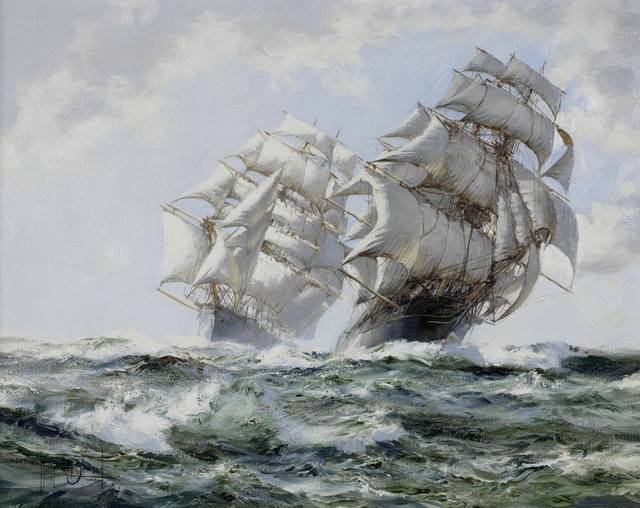 海上两艘帆船油画