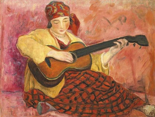 弹吉他的女人印象派油画装饰挂画