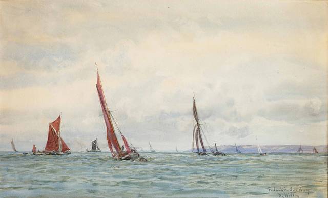 红帆帆船油画