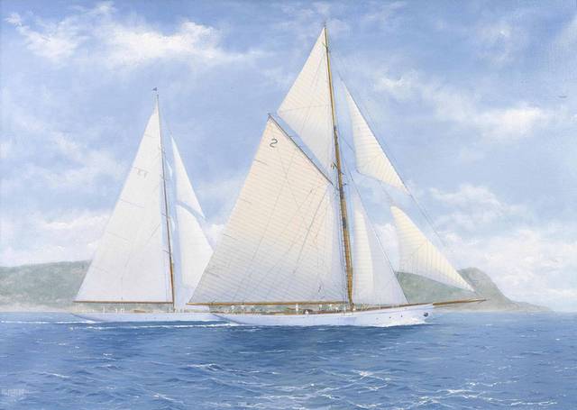 精美两艘三角帆船油画1