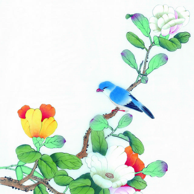 鲜花蓝色小鸟工笔装饰画