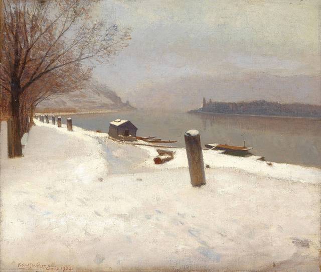 雪后岸边古典油画装饰画