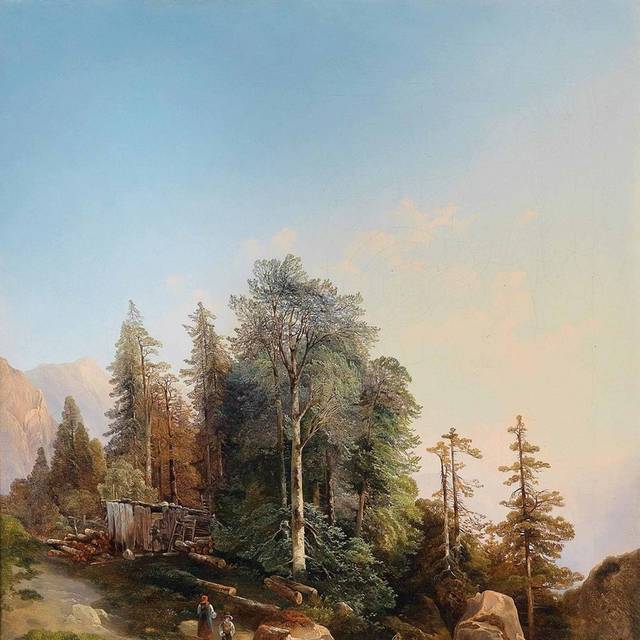 山坡上伐木油画装饰画