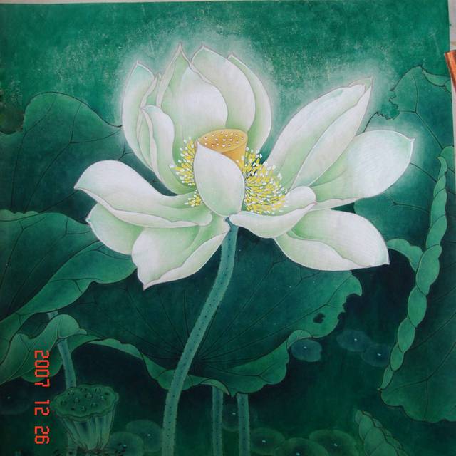 绿叶白莲工笔装饰画