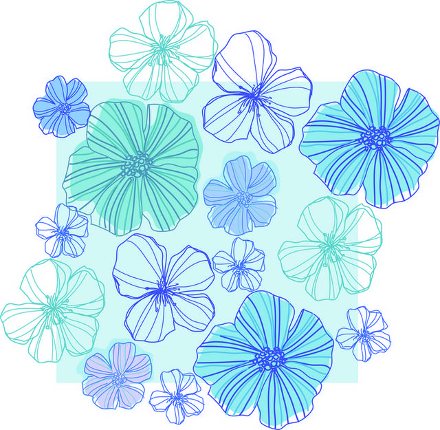 简约蓝色线条花朵背景图案