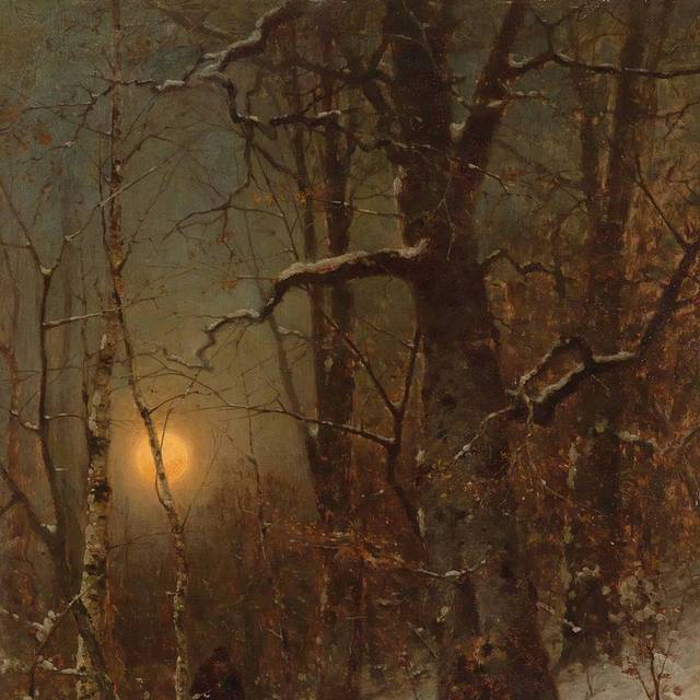 落日中的雪中树林古典油画装饰画