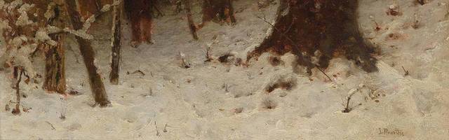 落日中的雪中树林古典油画装饰画