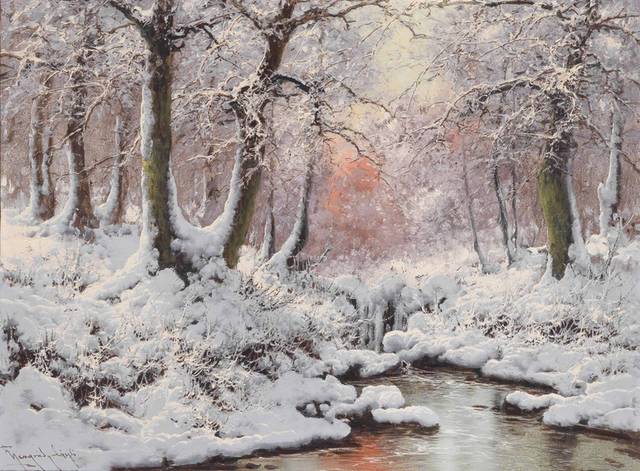 下雪的树林古典油画装饰画