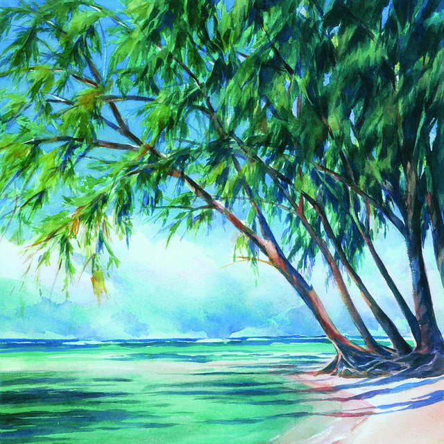 水彩精美海滩树林装饰画