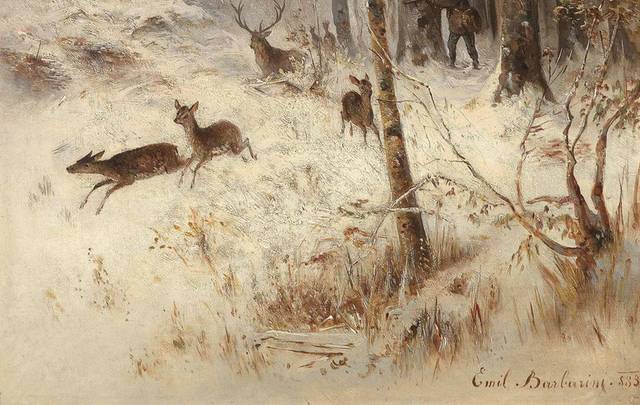 雪中奔跑的麋鹿古典油画装饰画