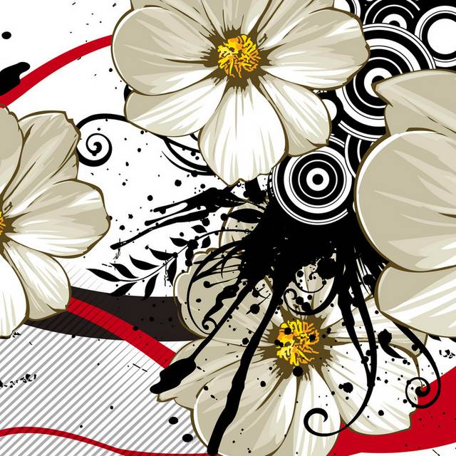 泼墨黑红线条白色花朵装饰画1