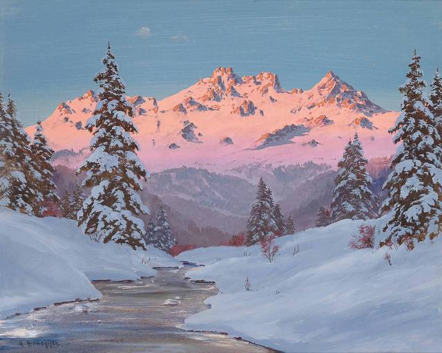 夕阳中的雪山古典油画装饰画