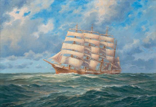 海上航行的白帆船古典油画装饰画