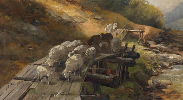 过桥的羊群风景装饰画