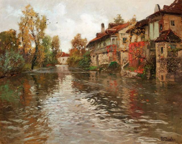 秋日的河流古典油画装饰画