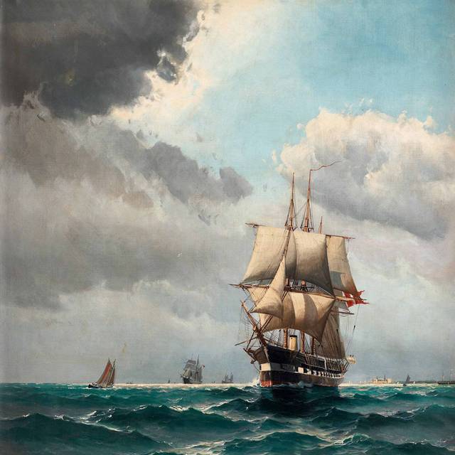 蓝色海上的船古典油画装饰画