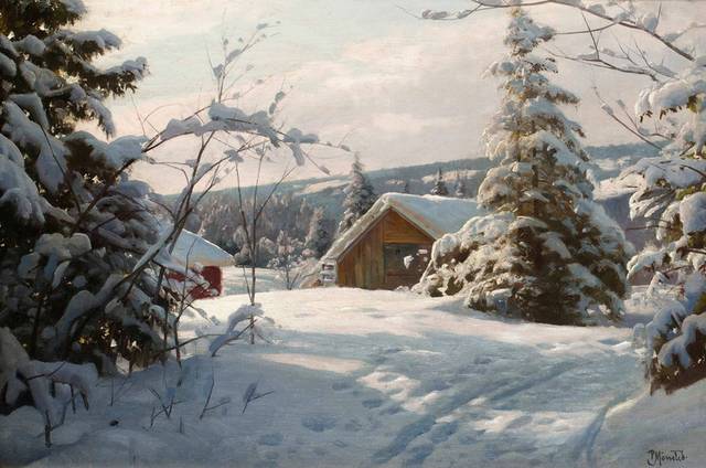 雪后小屋油画装饰画