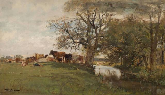 草地上的牛群古典油画装饰画