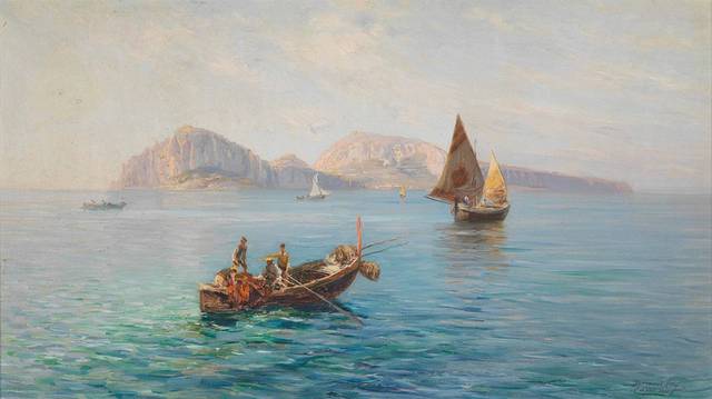 湖上划船古典油画装饰画