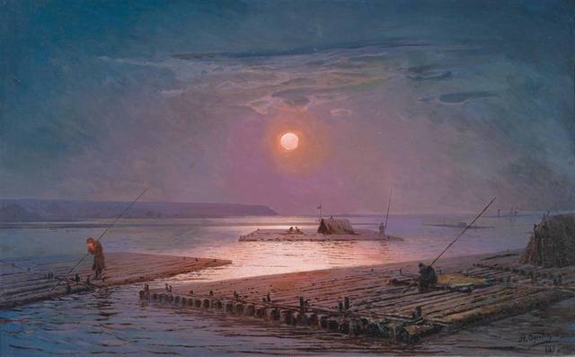 夕阳中的木筏古典油画装饰画