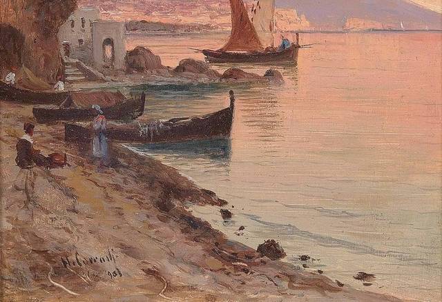 夕阳中的海边古典油画装饰画