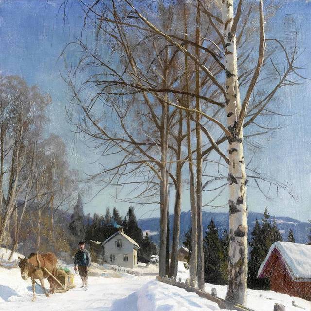 雪路上的马古典油画装饰画