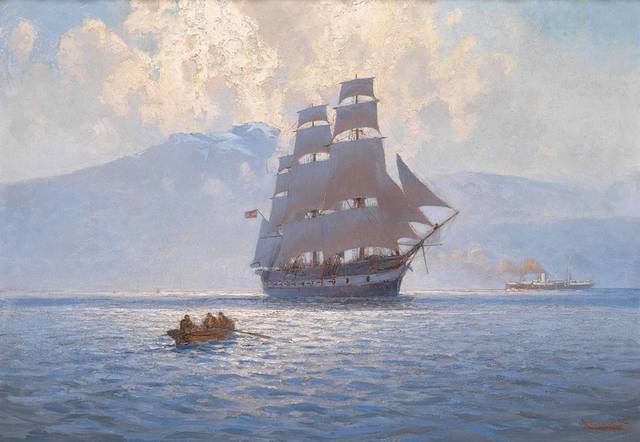 白云下的帆船古典油画装饰画