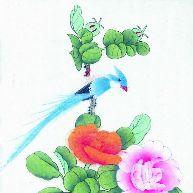 蓝色小鸟鲜花工笔装饰画