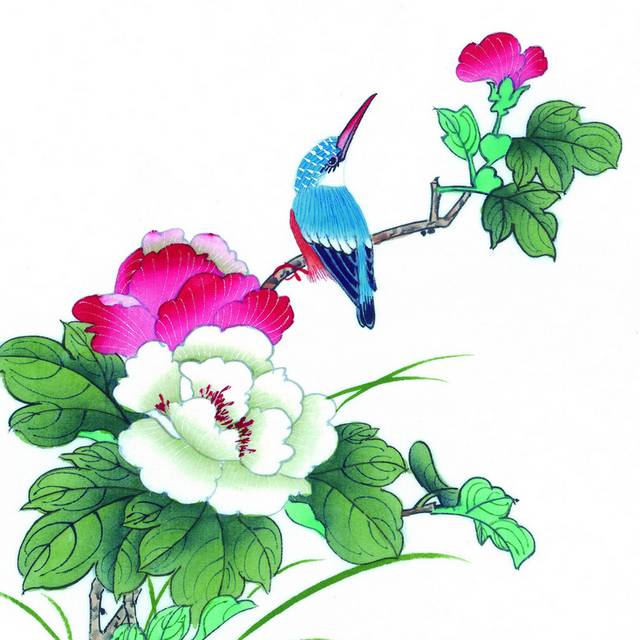 蓝色鸟儿与花工笔画素材