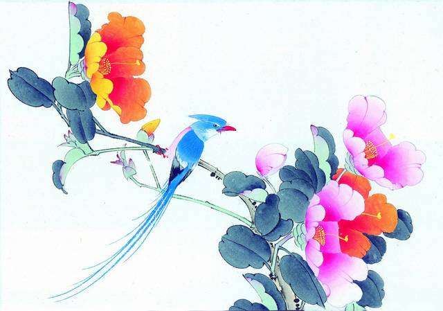蓝色鸟儿与花卉工笔画素材