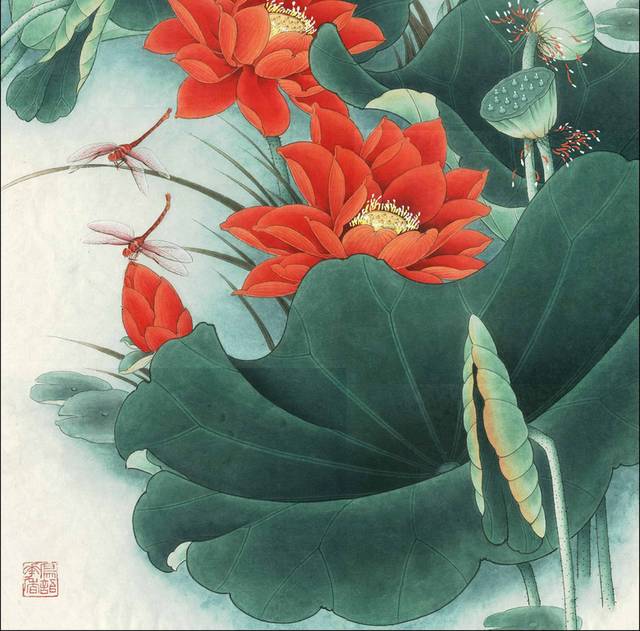 红色荷花荷叶工笔装饰画