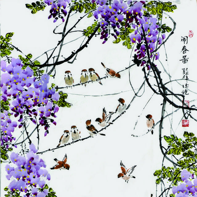 淡紫色花朵枝头鸟玄关画素材