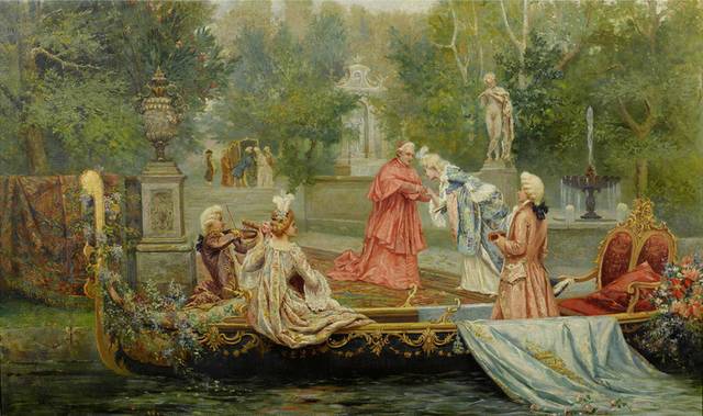 乘着华丽小舟的贵族宫廷油画装饰画