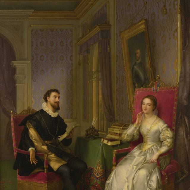 坐在粉色椅子上的男女宫廷油画装饰画
