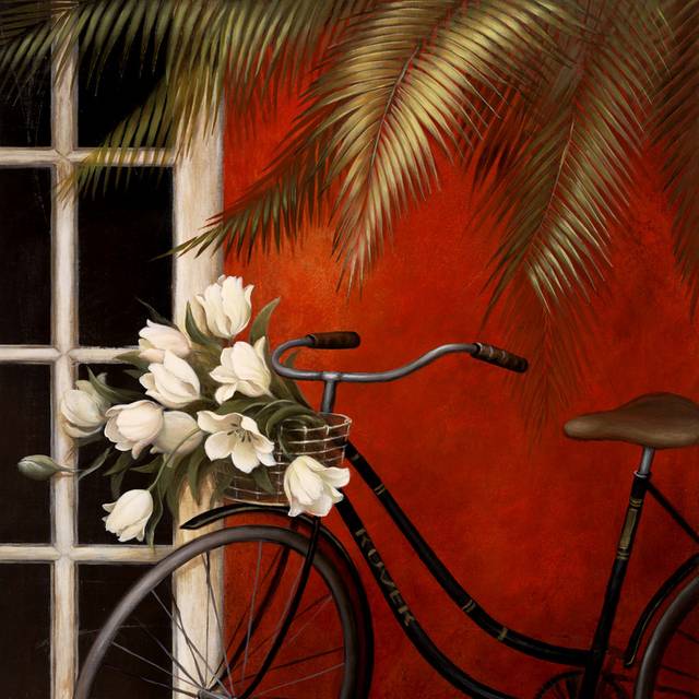 复古窗沿自行车花卉装饰画