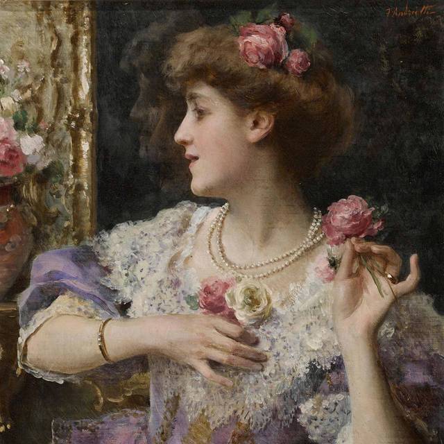 戴玫瑰花的女人欧洲宫廷油画