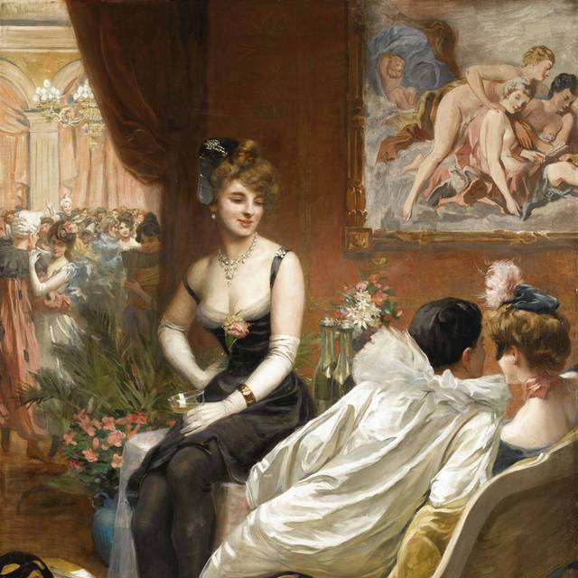 坐在桌子上的黑裙女人宫廷油画装饰画