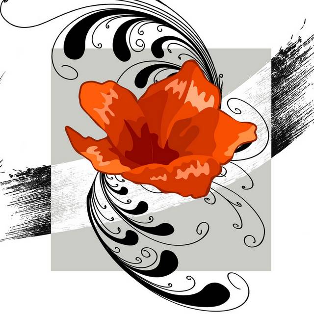 黑色线条图形橙色花卉装饰画1