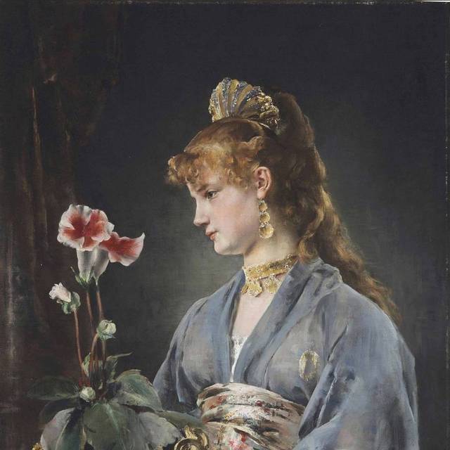 端着花盆的少女欧洲宫廷油画