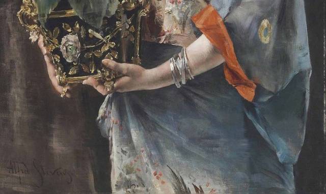 端着花盆的少女欧洲宫廷油画