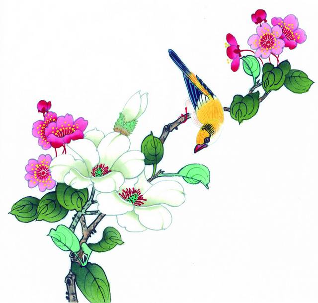 花与黄鸟工笔画素材