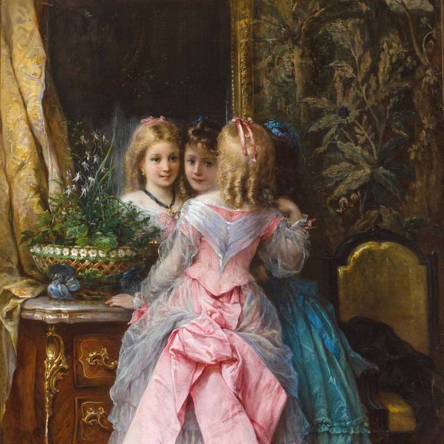 两个照镜子的女孩宫廷油画装饰画