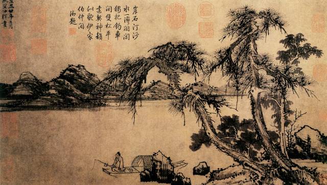 河边松树工笔画