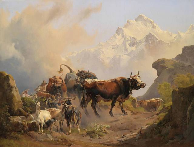 羊群和牛群风景装饰画