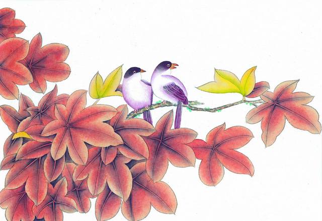 紫色鸟工笔画