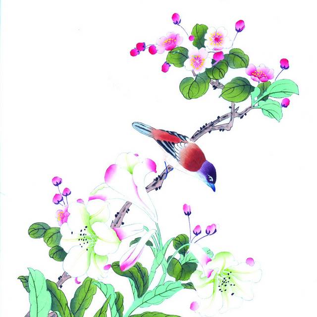 粉色花与红鸟