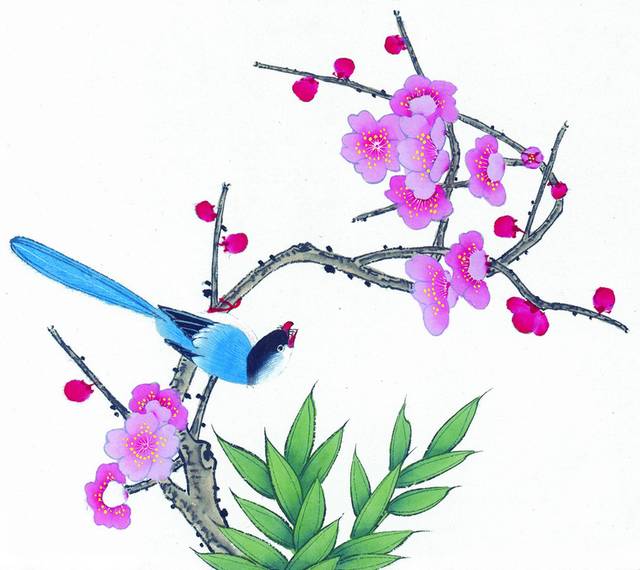 蓝鸟与紫花工笔画素材