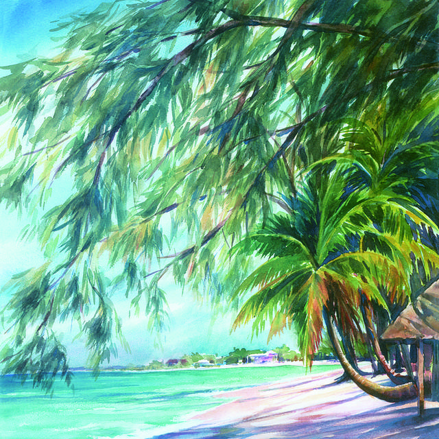 水彩精美树林海滩装饰画