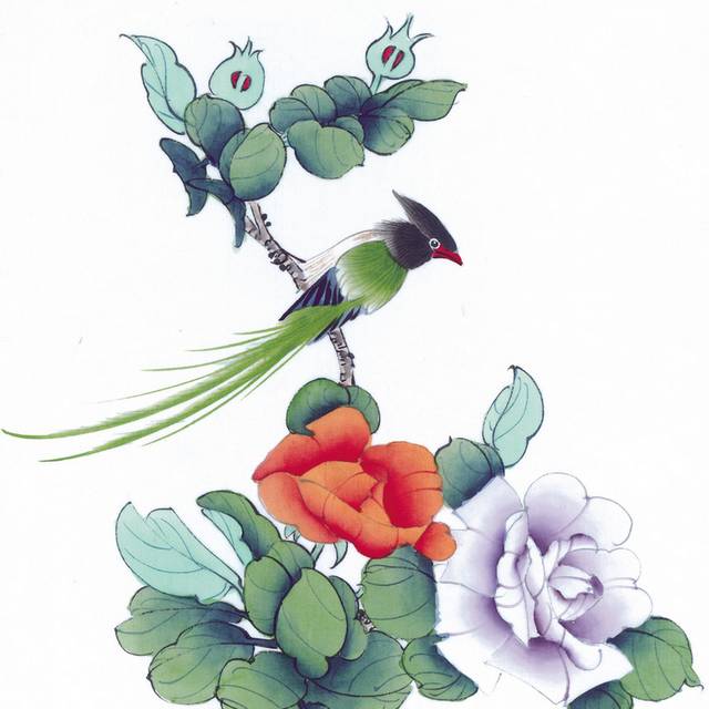 绿鸟与花朵工笔画素材