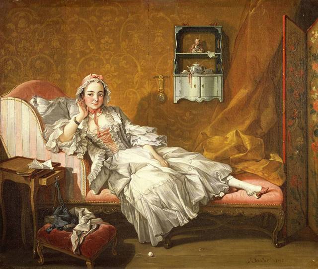侧躺的白裙少女欧洲宫廷油画